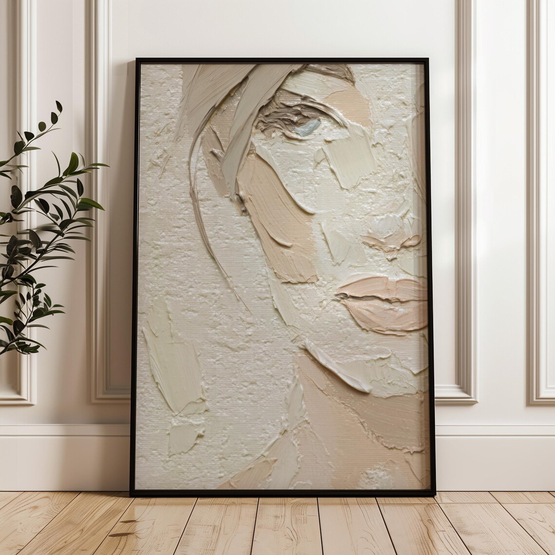 Beige Abstract Woman Face Textured Palette Knife Print Minimal