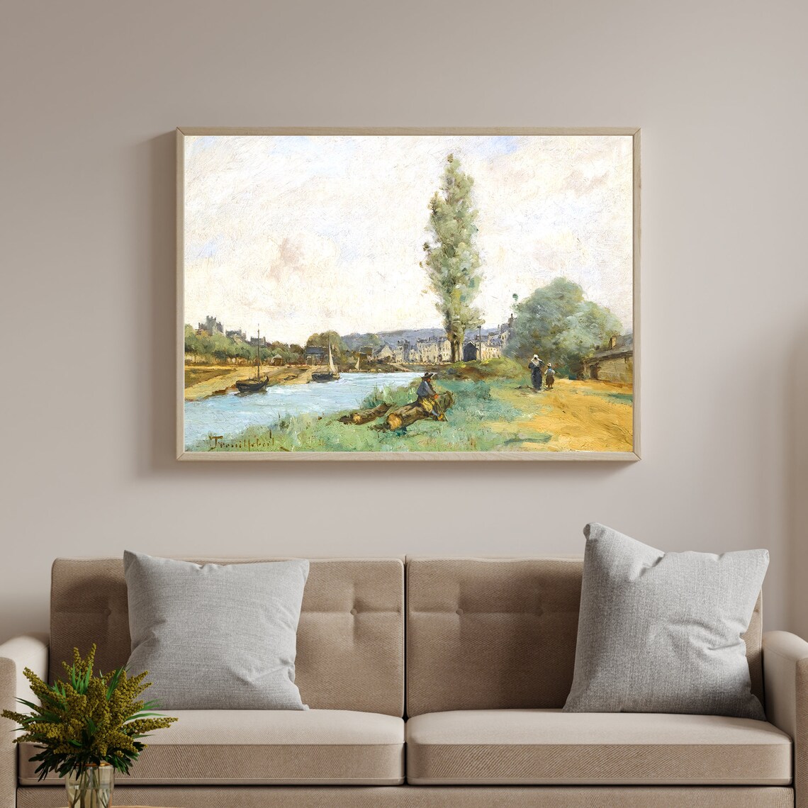 Vintage Oil Painting Riverside Town Sailboats Tall Poplar Art Poster - Image 2