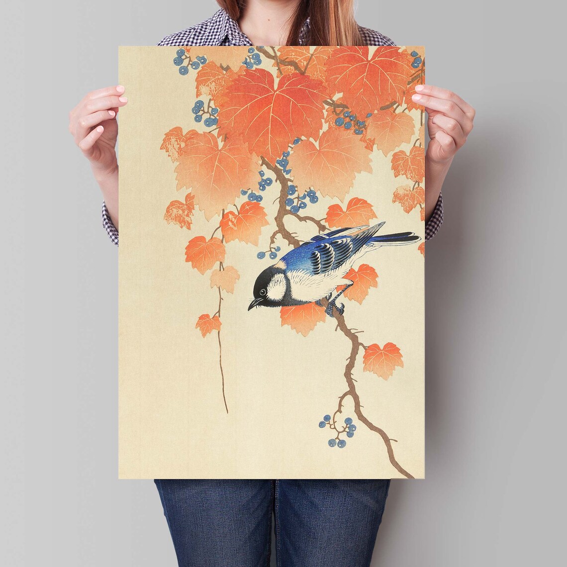 Ohara Koson Great Tit Songbird On Autumn Leaves Branch Poster - Image 2