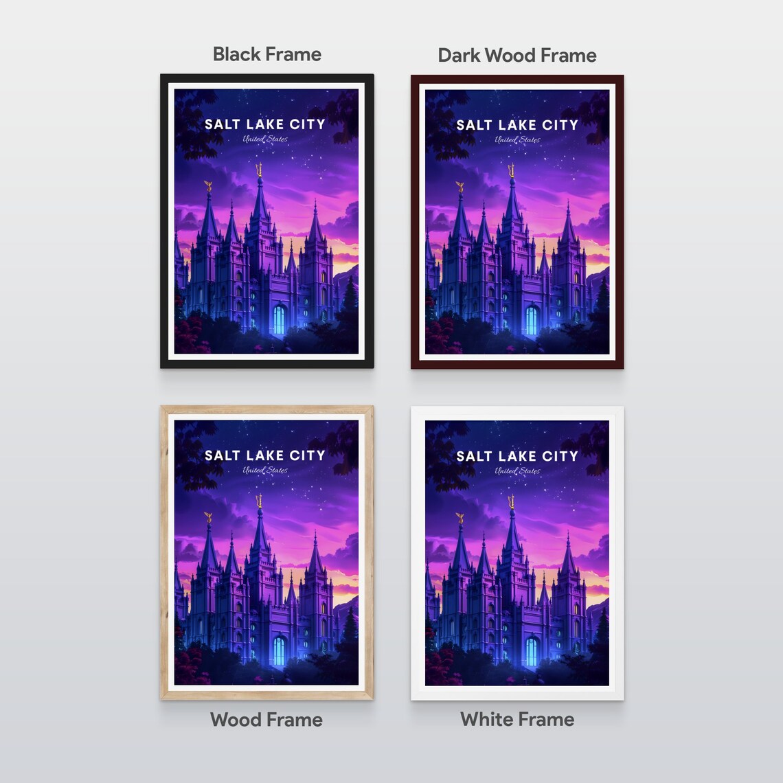 Salt Lake City Utah Temple Spires at Dusk Under Stars Travel Poster - Image 2