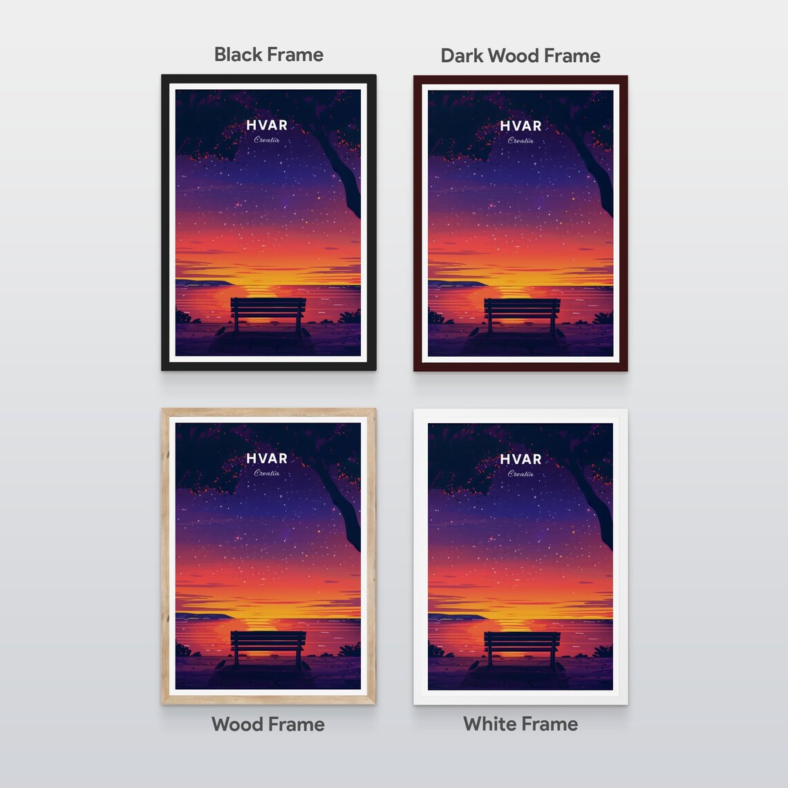 Hvar Croatia Sunset Bench Silhouette Starry Sky Sea Evening Poster - Image 2