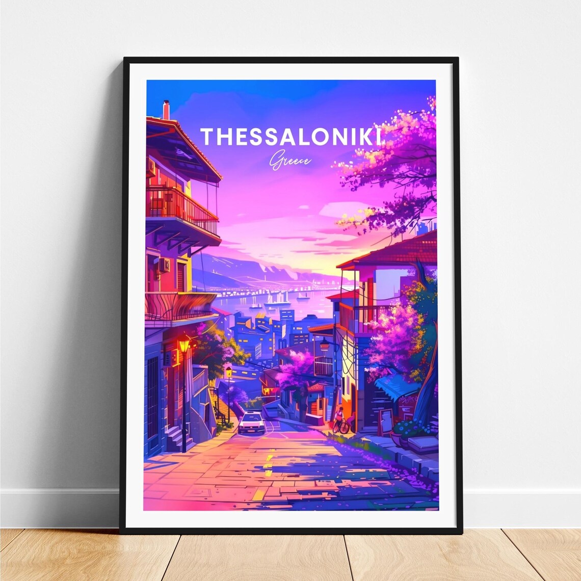 Thessaloniki Greece Sunset Street Bay Pink Sky View Art Poster