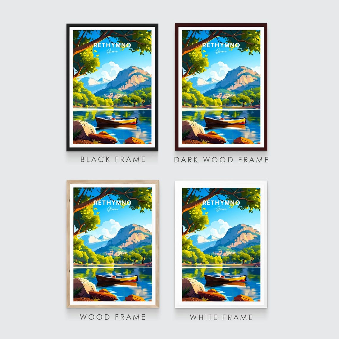 Rethymno Greece Rowboat Mountain Lake Calm Water Travel Poster - Image 3