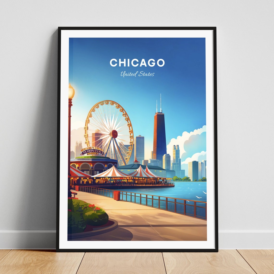 Chicago Navy Pier Centennial Wheel Carousel Lakefront Travel Poster