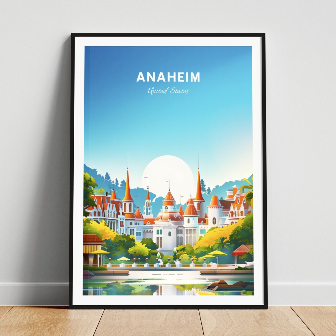 Anaheim California Fairytale Castle Over Water Retro Travel Poster