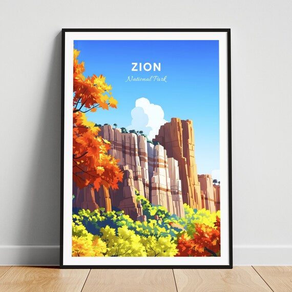 Zion National Park Red Cliffs Autumn Foliage Blue Sky Travel Poster