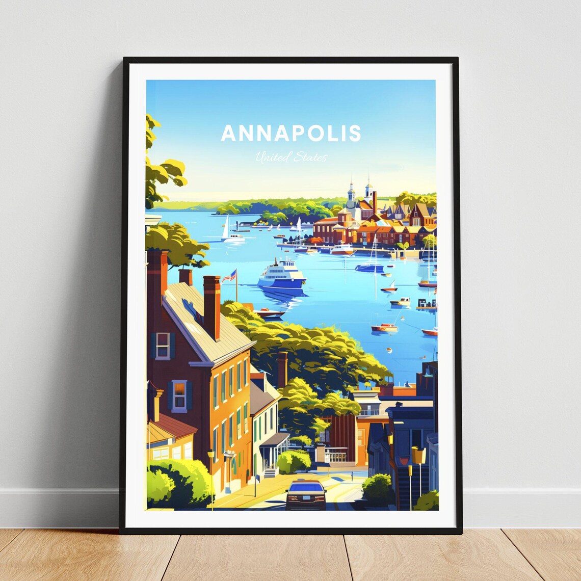 Annapolis Maryland Harbor Hillside View Ferry Sailboats Poster