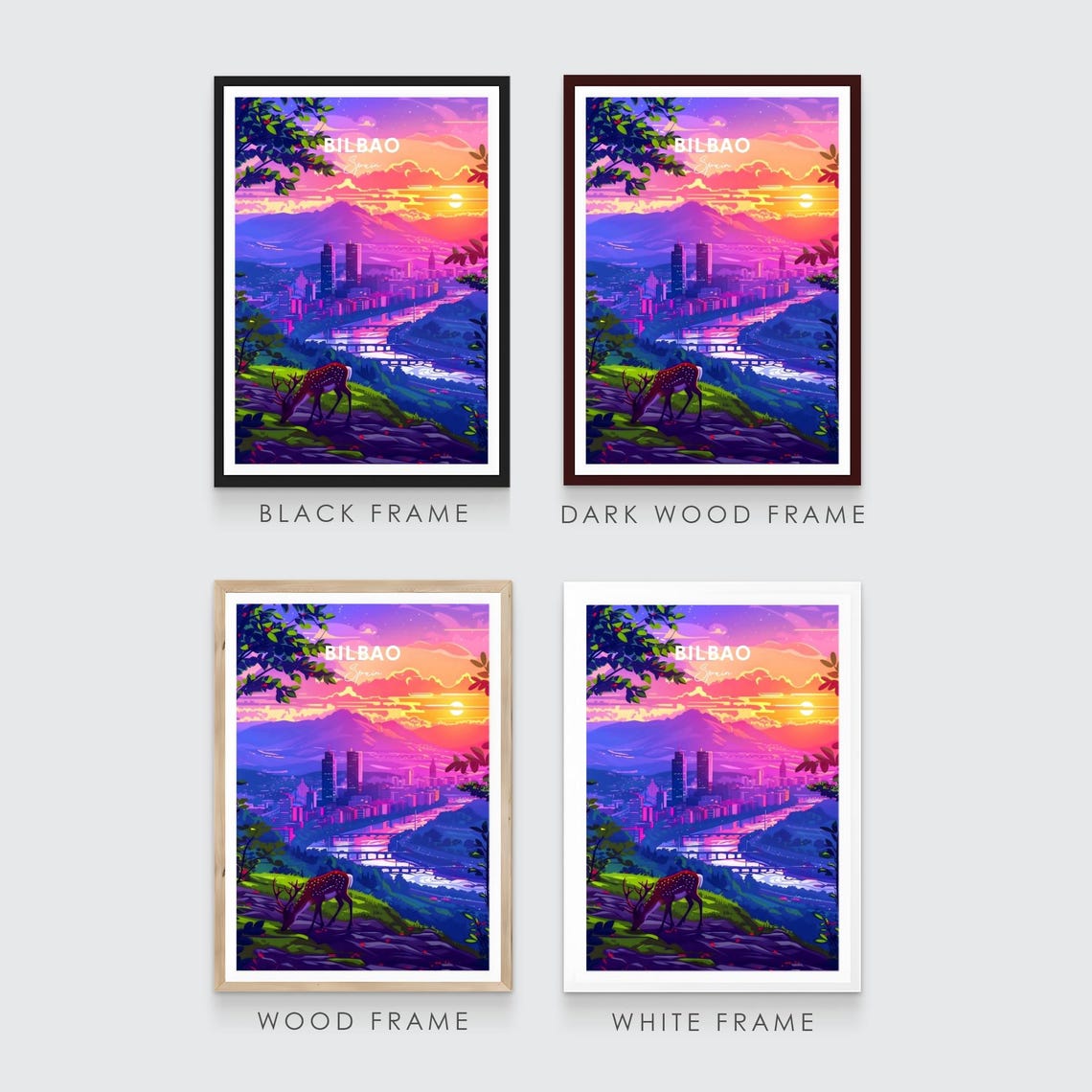 Bilbao Sunset City Skyline Hill Deer River Valley Travel Poster - Image 3