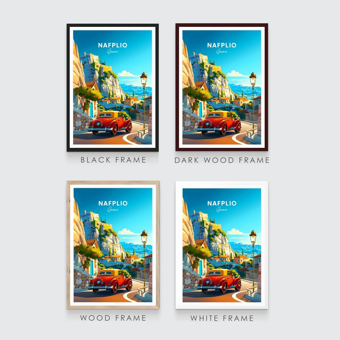 Nafplio Greece Red Classic Car Cliff Castle Road Travel Poster - Image 3