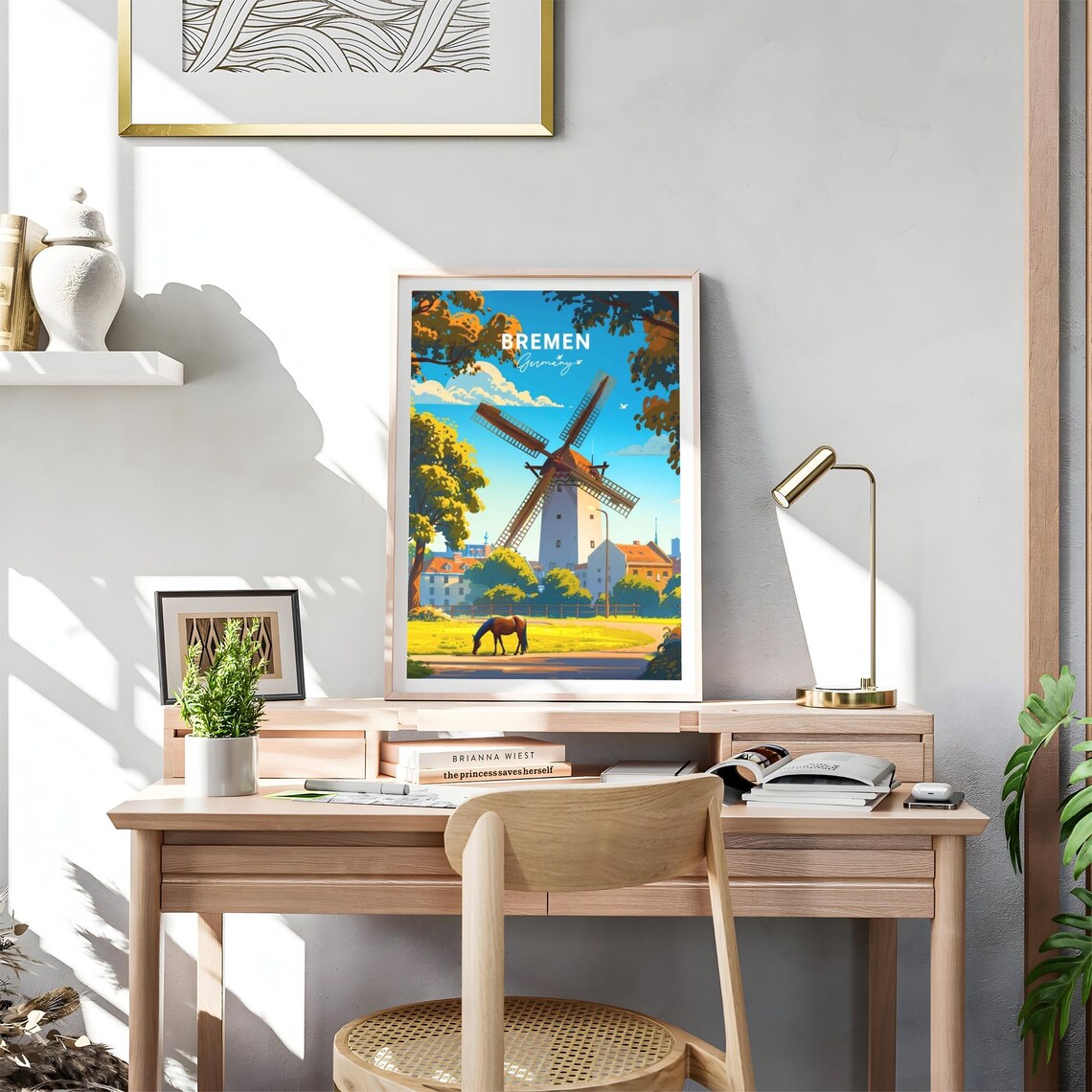 Bremen Germany Windmill Horse Meadow Blue Sky View Art Poster - Image 4