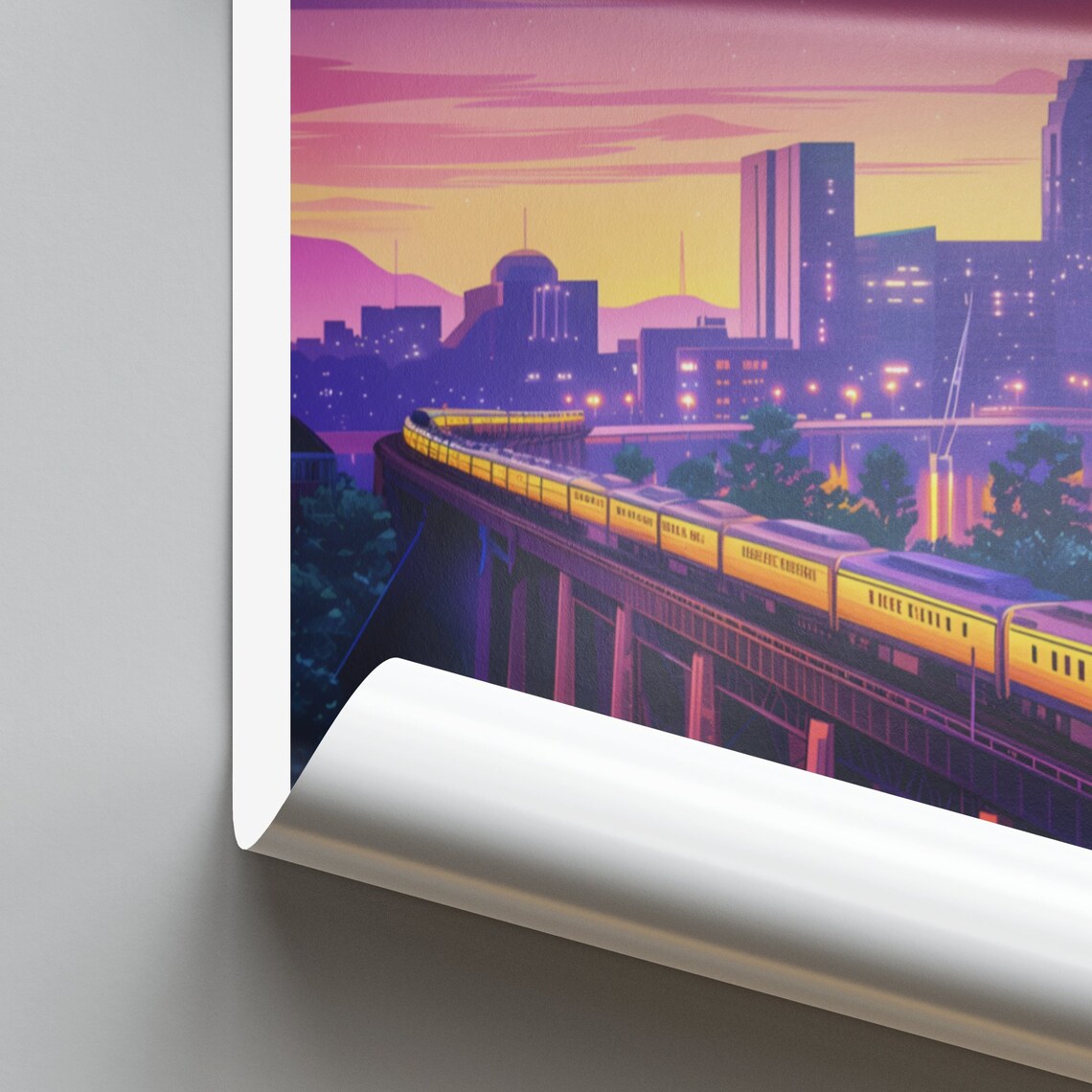 Richmond Train Crossing a Trestle Bridge at Sunset Travel Poster - Image 2