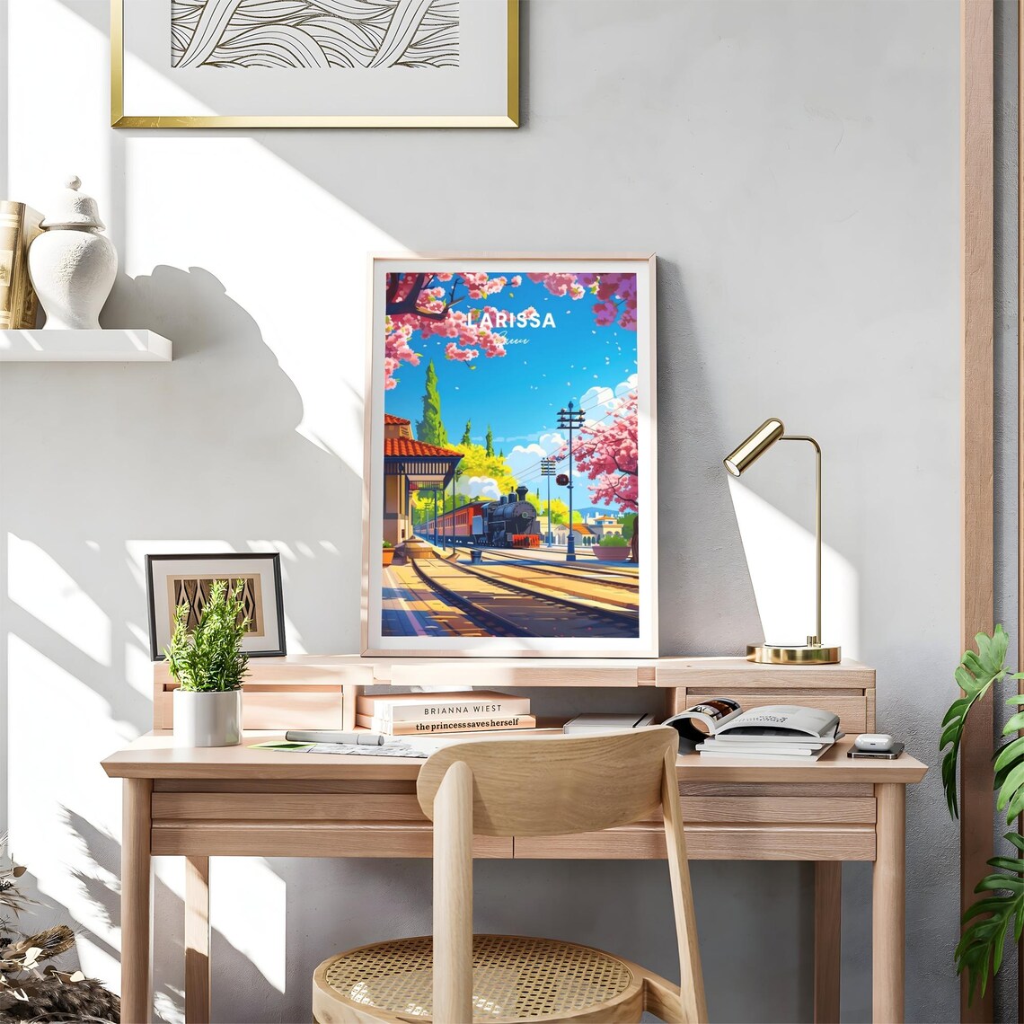 Larissa Greece Steam Locomotive at Station with Cherry Blossoms Poster - Image 4