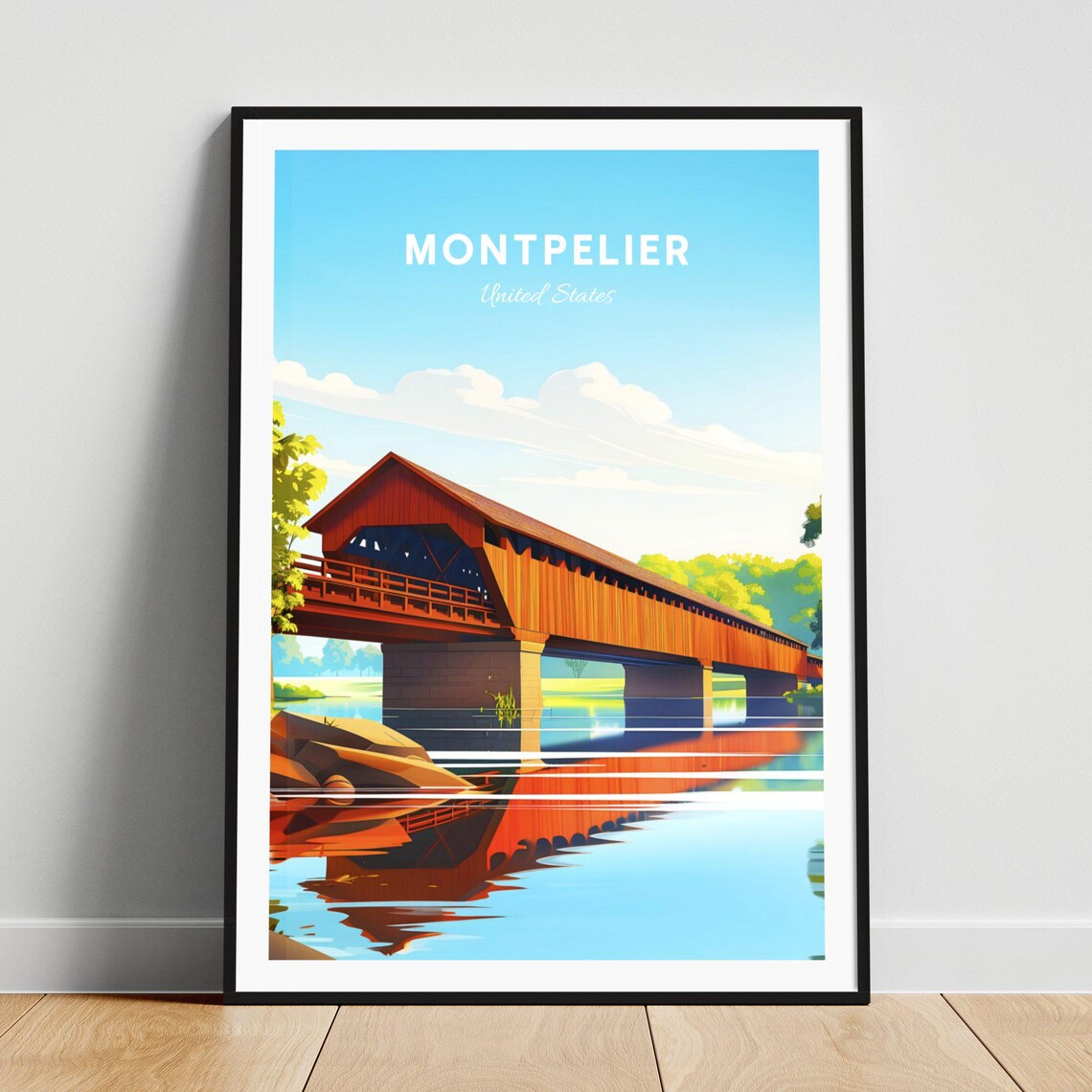 Montpelier Vermont Covered Bridge River Reflection Travel Poster