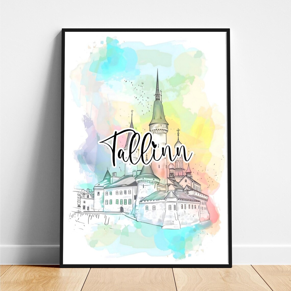 Tallinn Estonia Medieval Old Town Towers Watercolor Travel Poster