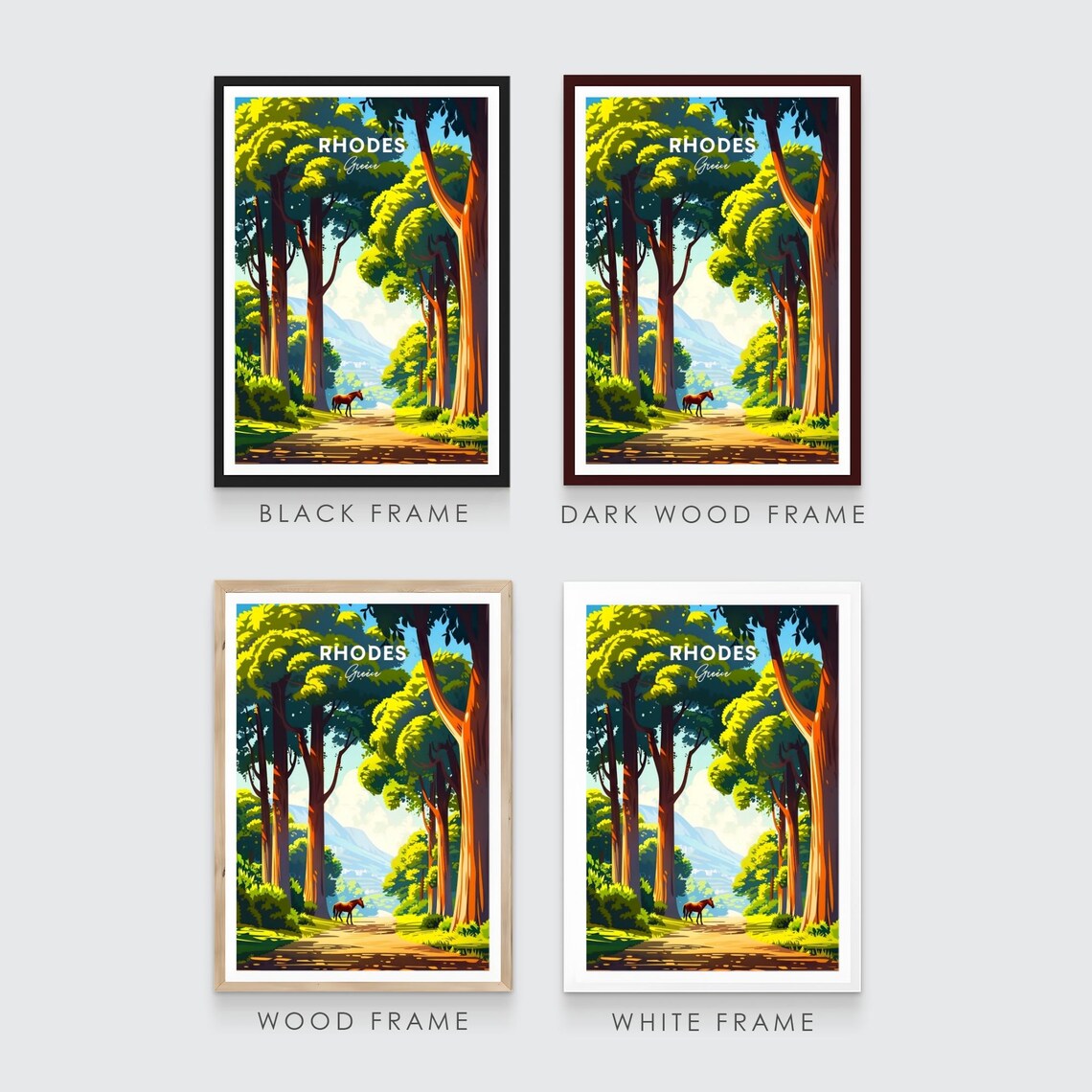 Rhodes Greece Forest Path Horse Tall Trees Sunlit Travel Poster - Image 3