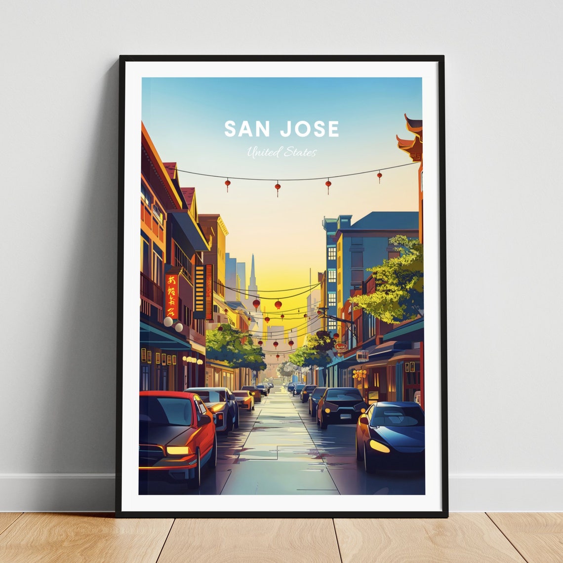 San Jose Lantern Lit Street Pagoda Roofs California Travel Poster