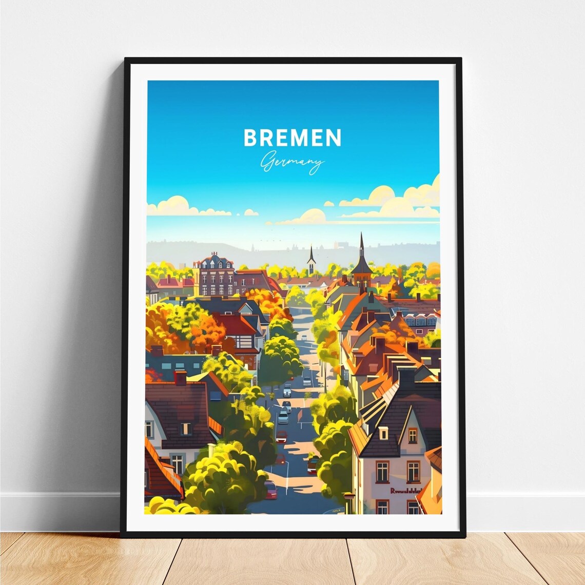 Bremen City Rooftops Autumn Street Scene Germany Travel Poster