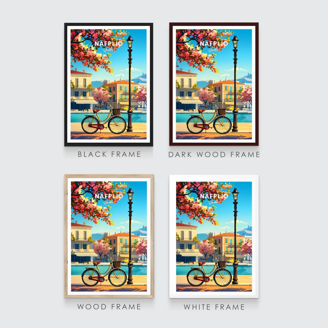 Nafplio Greece Yellow Bicycle Spring Blossom Waterfront Travel Poster - Image 3