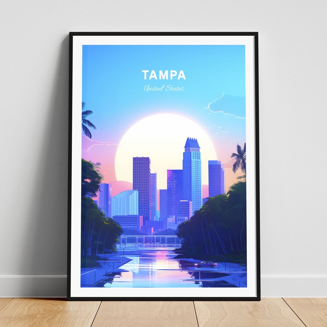 Tampa Florida Skyline At Dusk Over Water Golden Sun Travel Poster Art