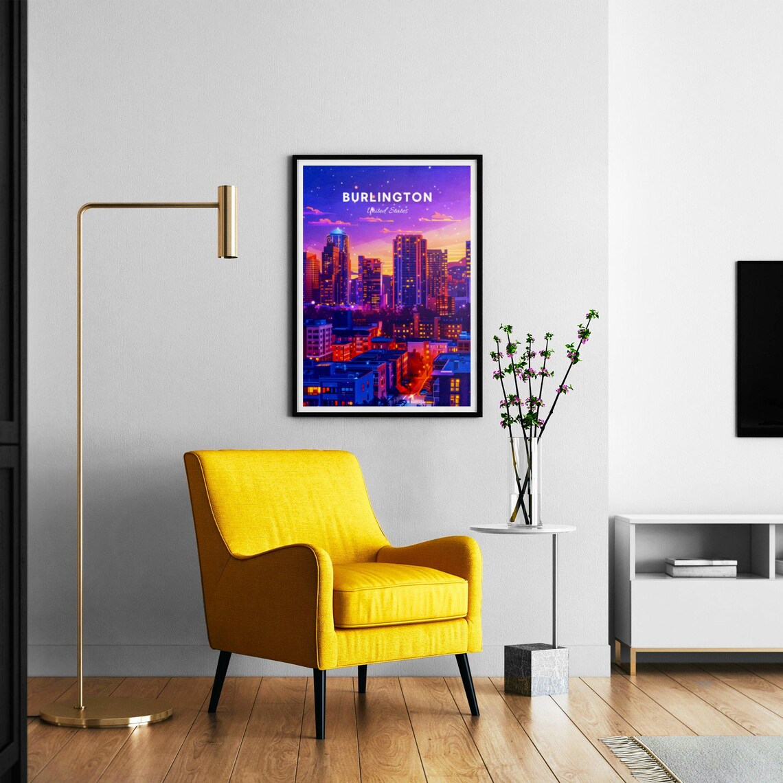 Burlington United States Night Skyline under Stars Travel Poster - Image 2