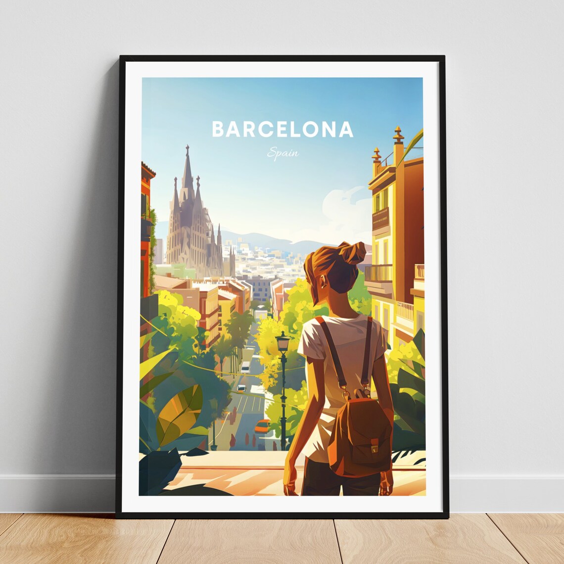 Barcelona Spain City Street Sagrada Familia View Artwork Poster