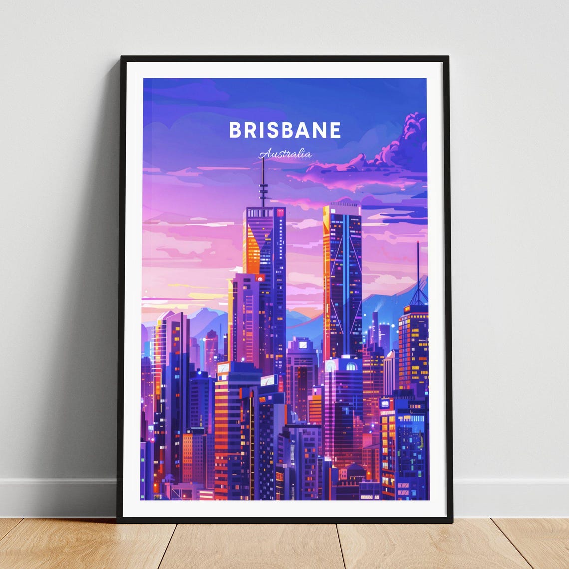 Brisbane Australia Twilight Skyline Neon City Lights Art Poster