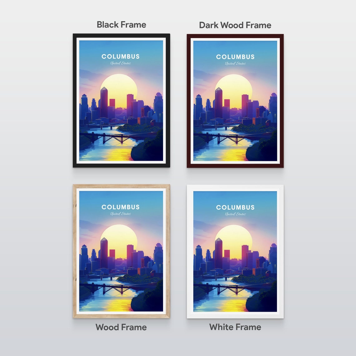 Columbus Skyline Sunset River Bridge Golden Hour Travel Poster - Image 2