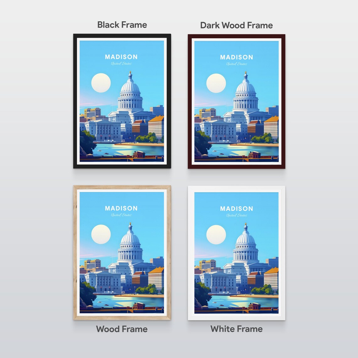 Madison Wisconsin State Capitol Lake View Sunny Travel Poster - Image 2