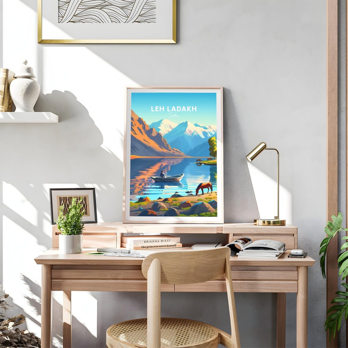 Leh Ladakh India Mountain Lake Boat Horses Travel Poster Art - Image 4