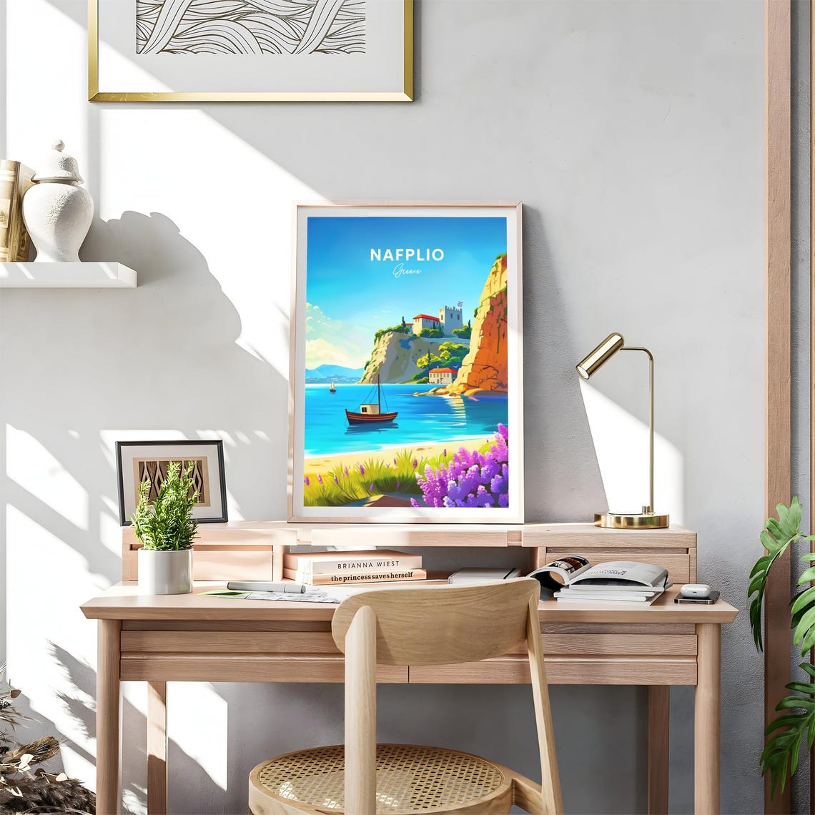 Nafplio Greece Cliffside Castle Harbor Sailboat Travel Poster - Image 4