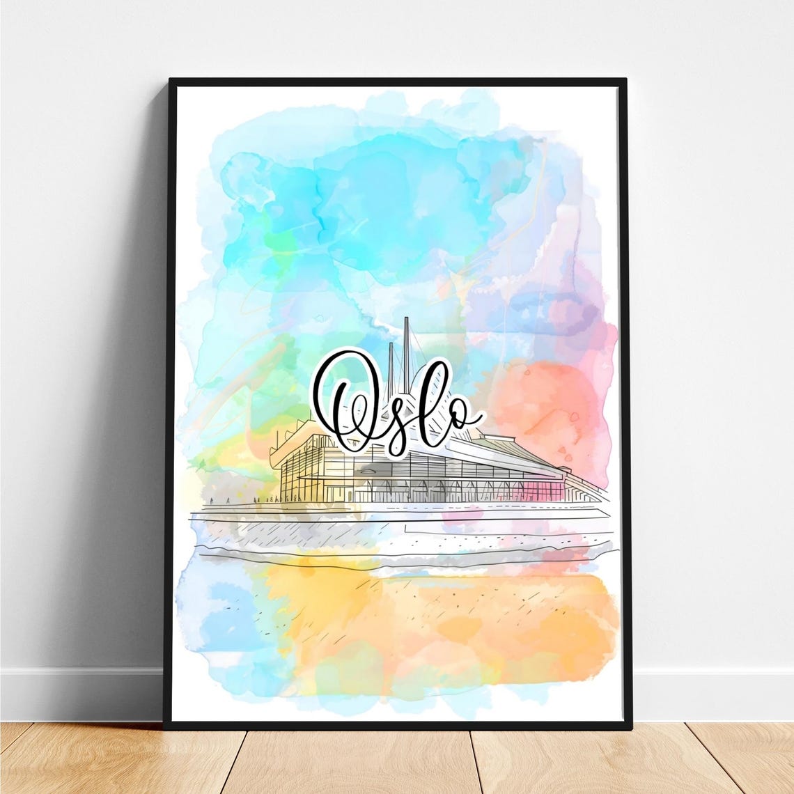 Oslo Waterfront Building Watercolor Script Lettering Travel Poster