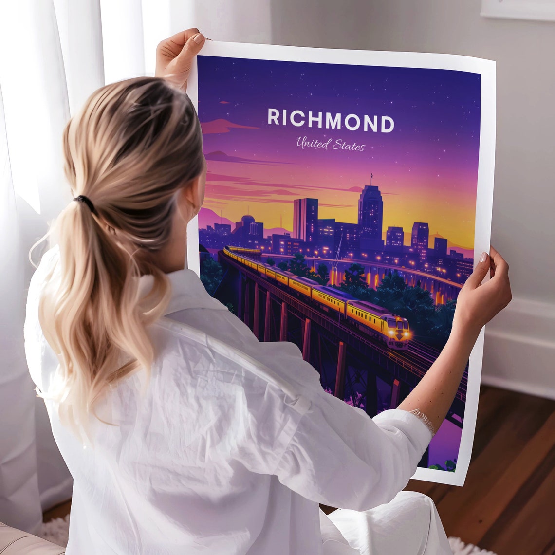 Richmond Train Crossing a Trestle Bridge at Sunset Travel Poster - Image 3