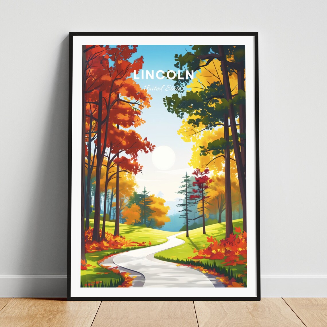 Lincoln United States Autumn Forest Path Fall Foliage Travel Poster