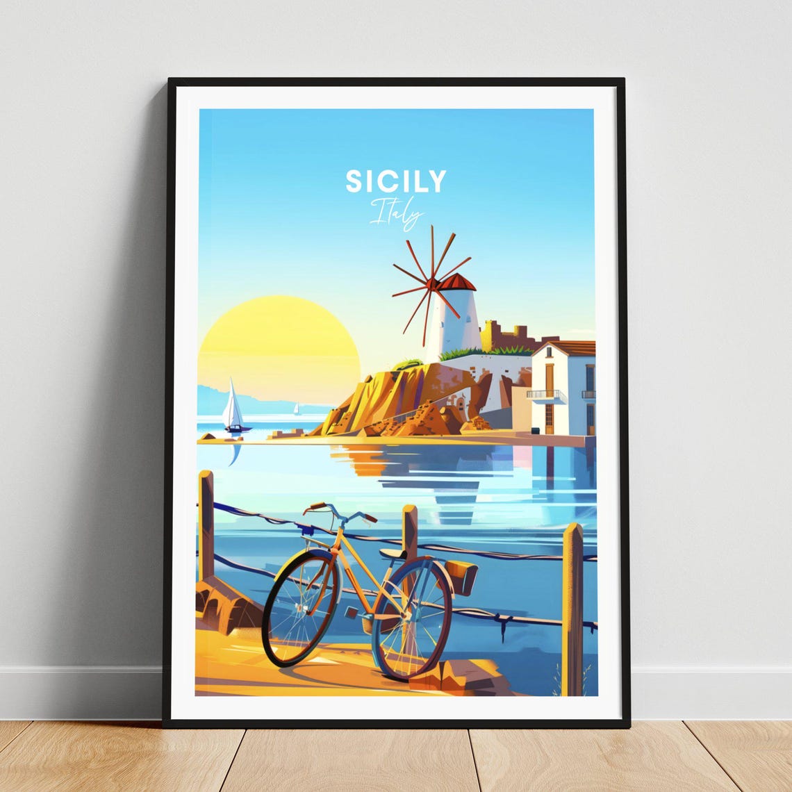 Sicily Italy Cliff Windmill Bicycle Sunset Harbor View Travel Poster