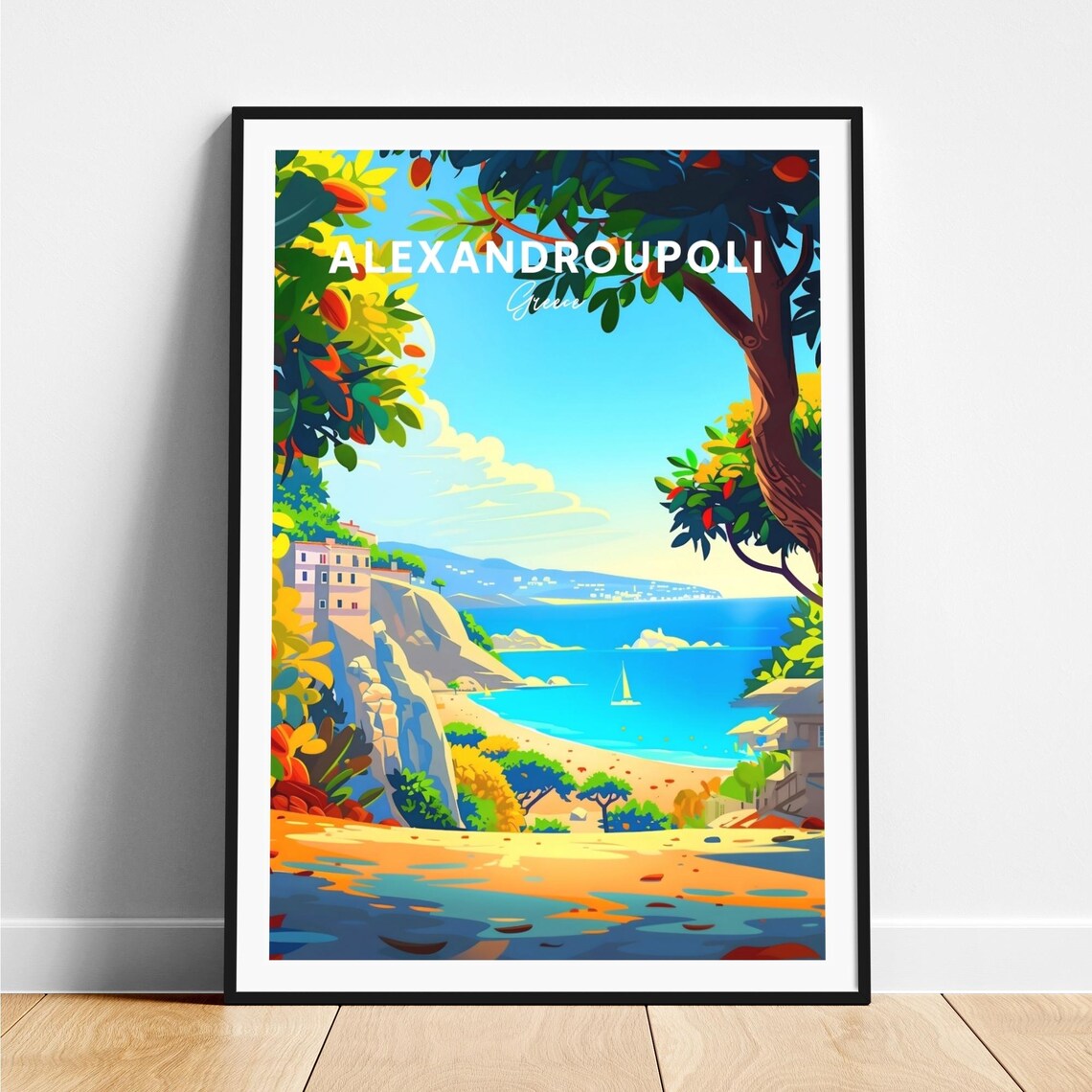 Alexandroupoli Greece Seaside Cliff Sailboat Travel Art Poster