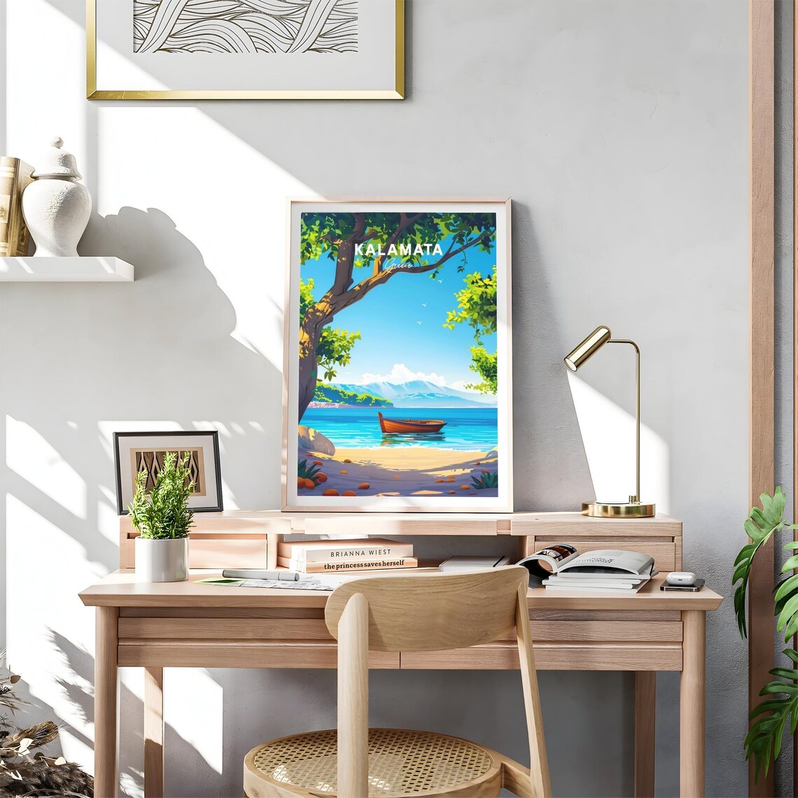 Kalamata Greece Sunny Beach Wooden Fishing Boat Travel Poster - Image 4
