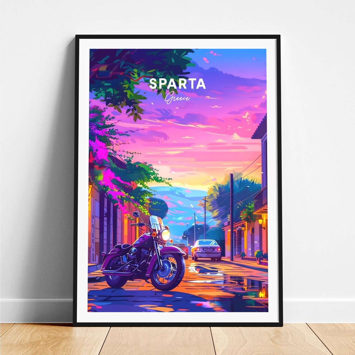 Sparta Greece Motorcycle Sunset Street Night Travel Art Poster