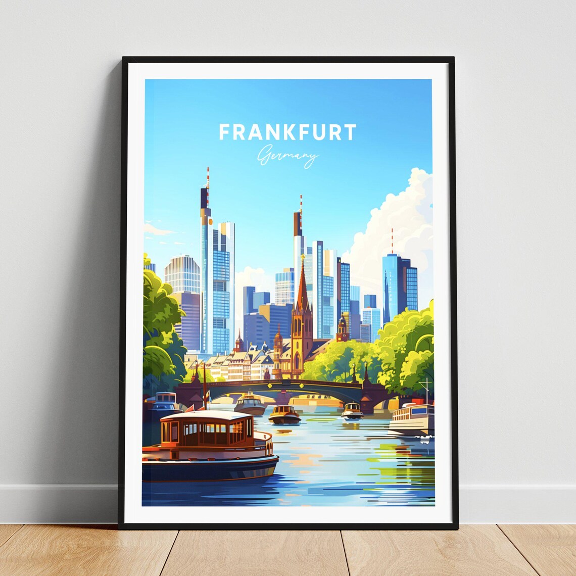 Frankfurt Germany Skyline River Boats Bridge Vintage Travel Poster