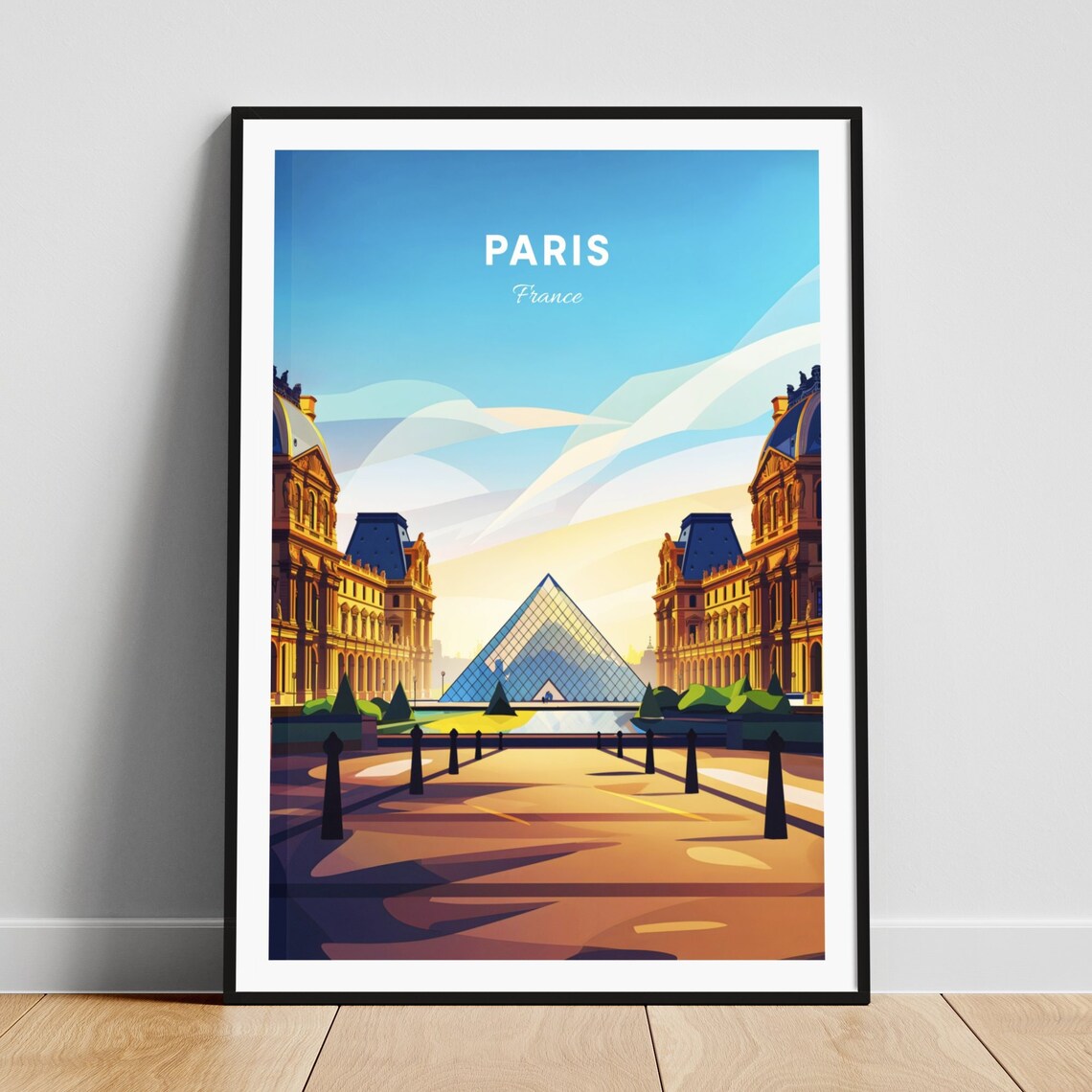 Paris France Louvre Pyramid Sunset Courtyard Glass Travel Poster