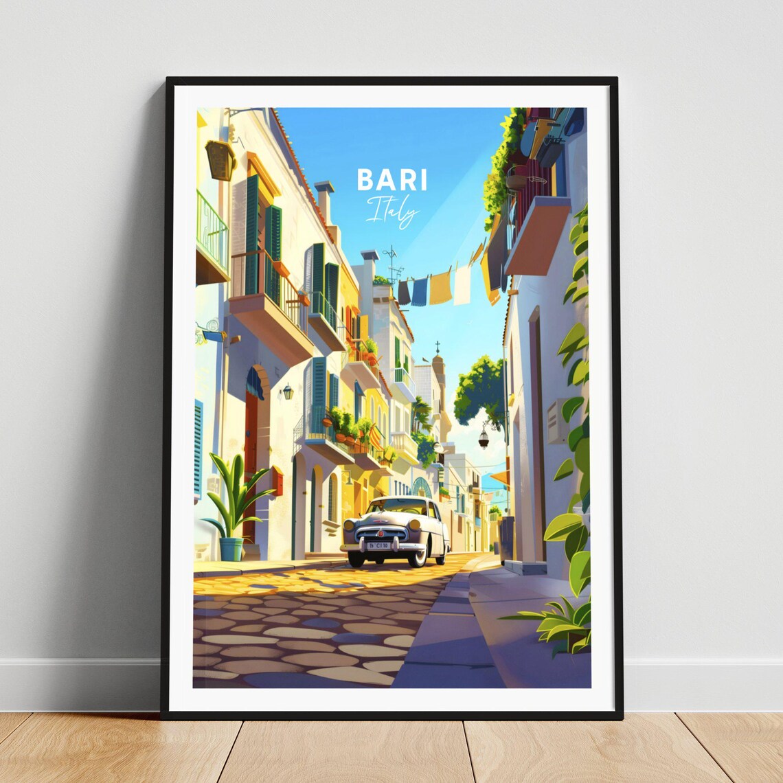 Bari Italy Old Town Cobblestone Street Vintage Car Travel Poster
