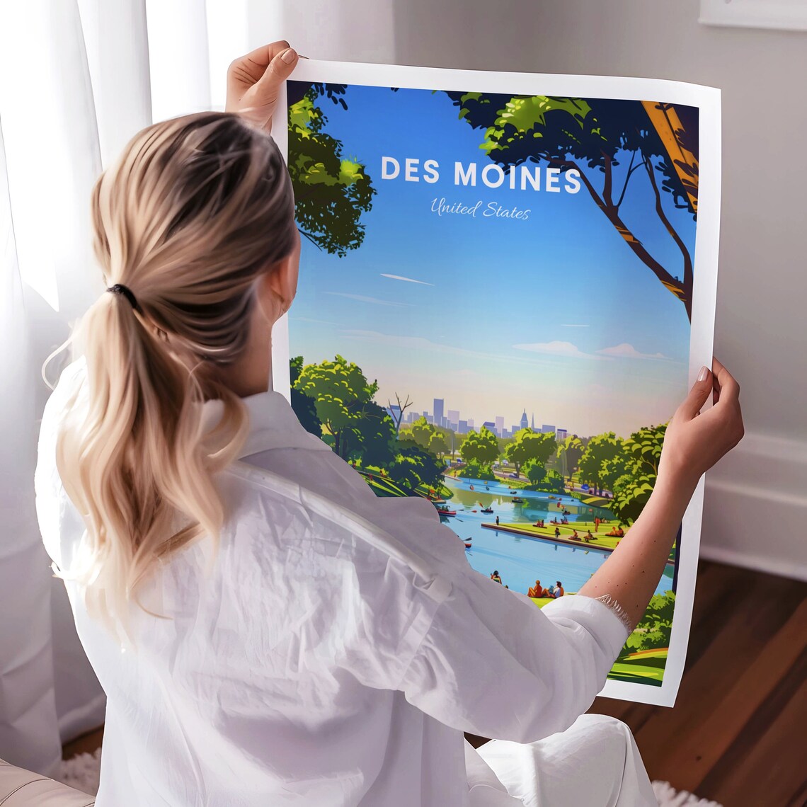 Des Moines Sunny Park Lake Kayakers Summer Day Travel Poster - Image 3