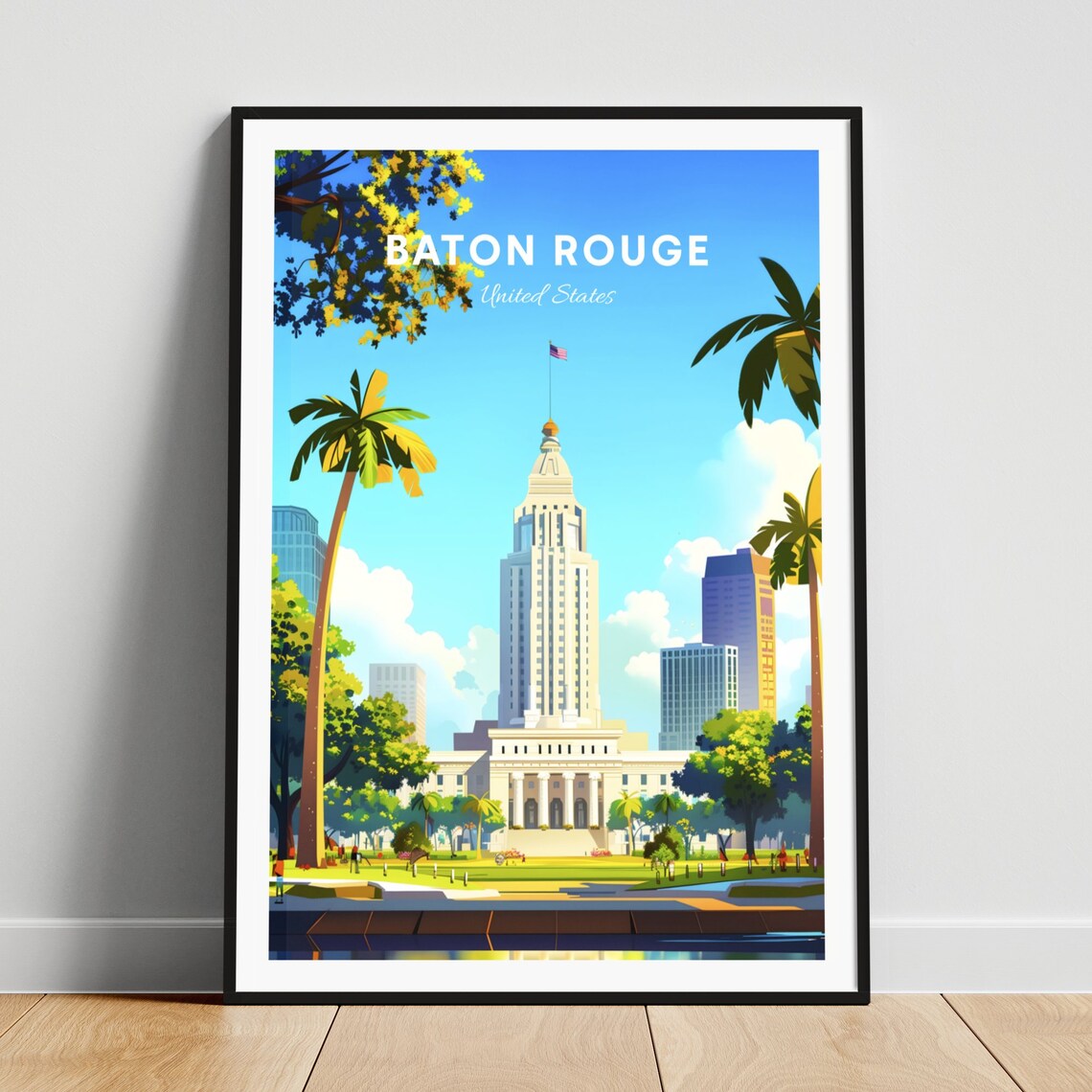 Baton Rouge State Capitol Tower Palm Trees Sunny Day Travel Poster