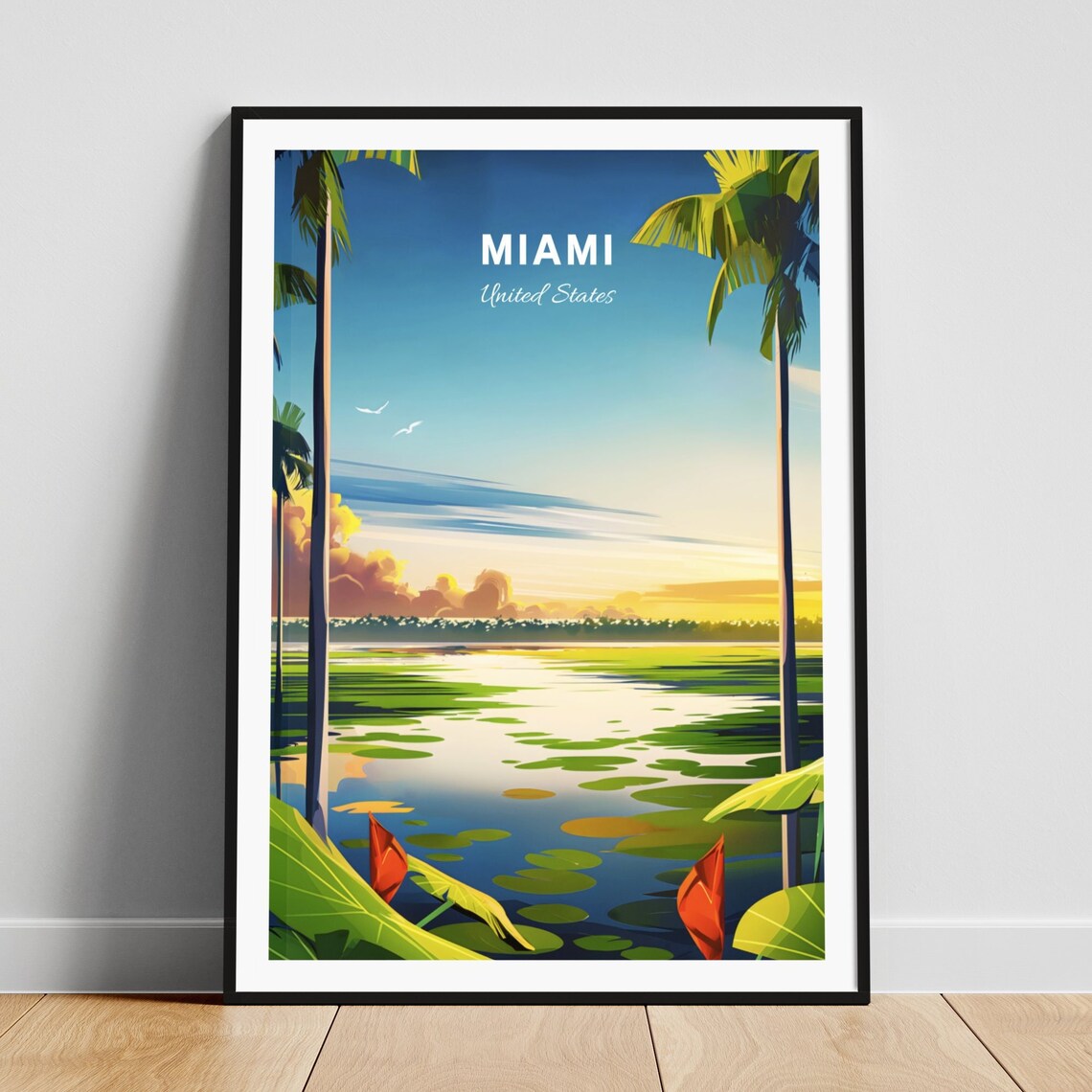 Miami Golden Tropical Wetland River Sunset Water Reflection Poster