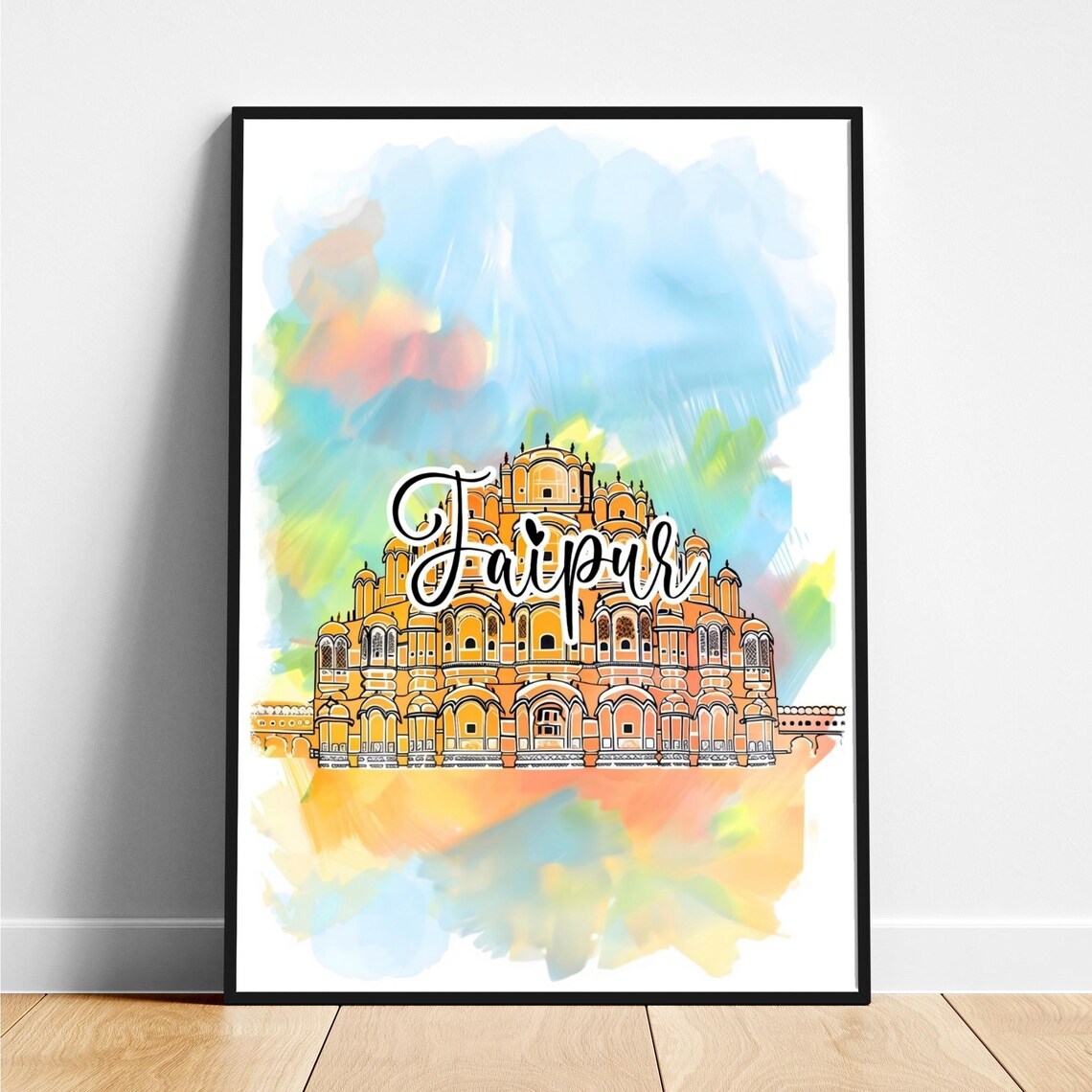 Jaipur Pink Palace Watercolor Script Lettering Travel Poster