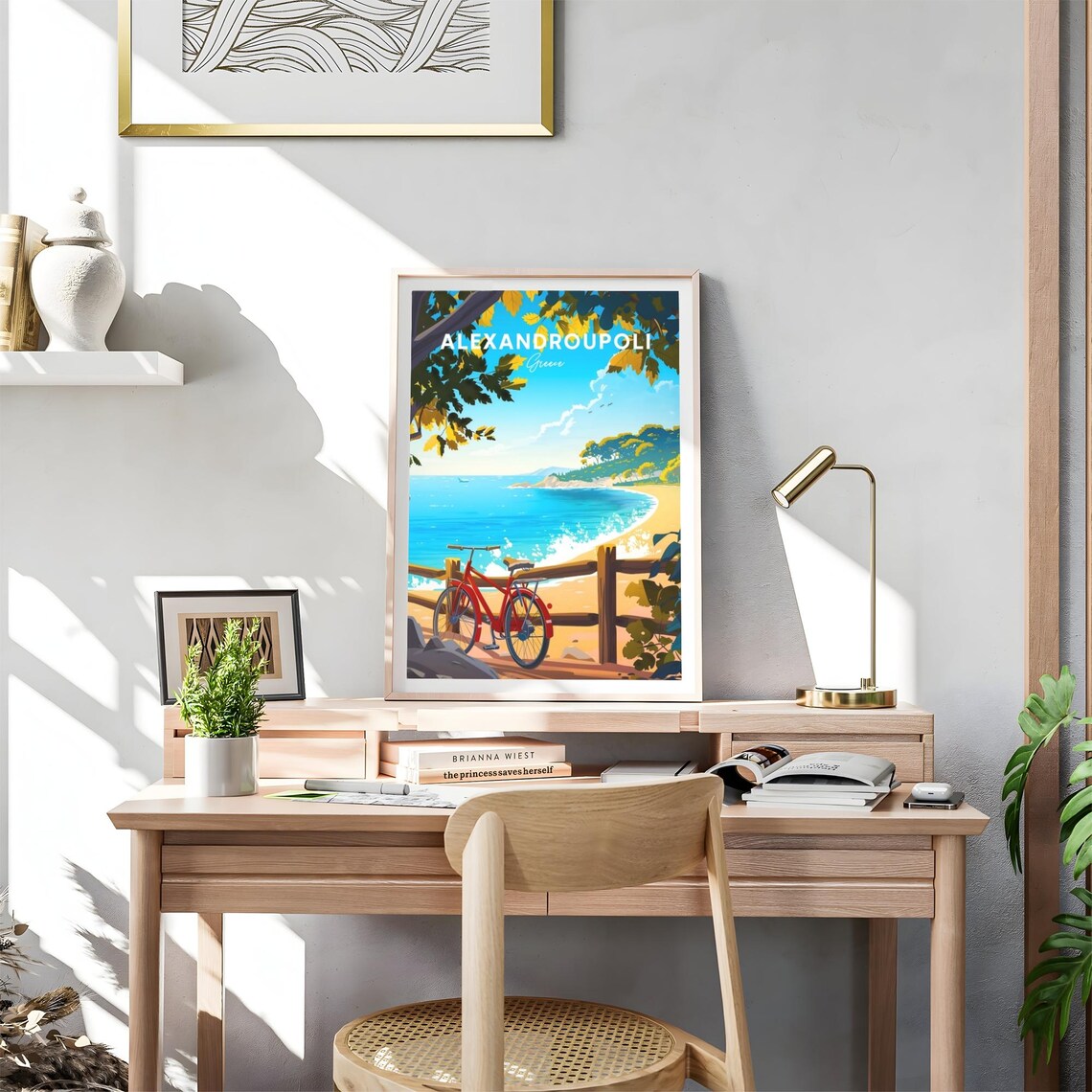 Alexandroupoli Greece Red Bicycle Beach Ocean Travel Art Poster - Image 4