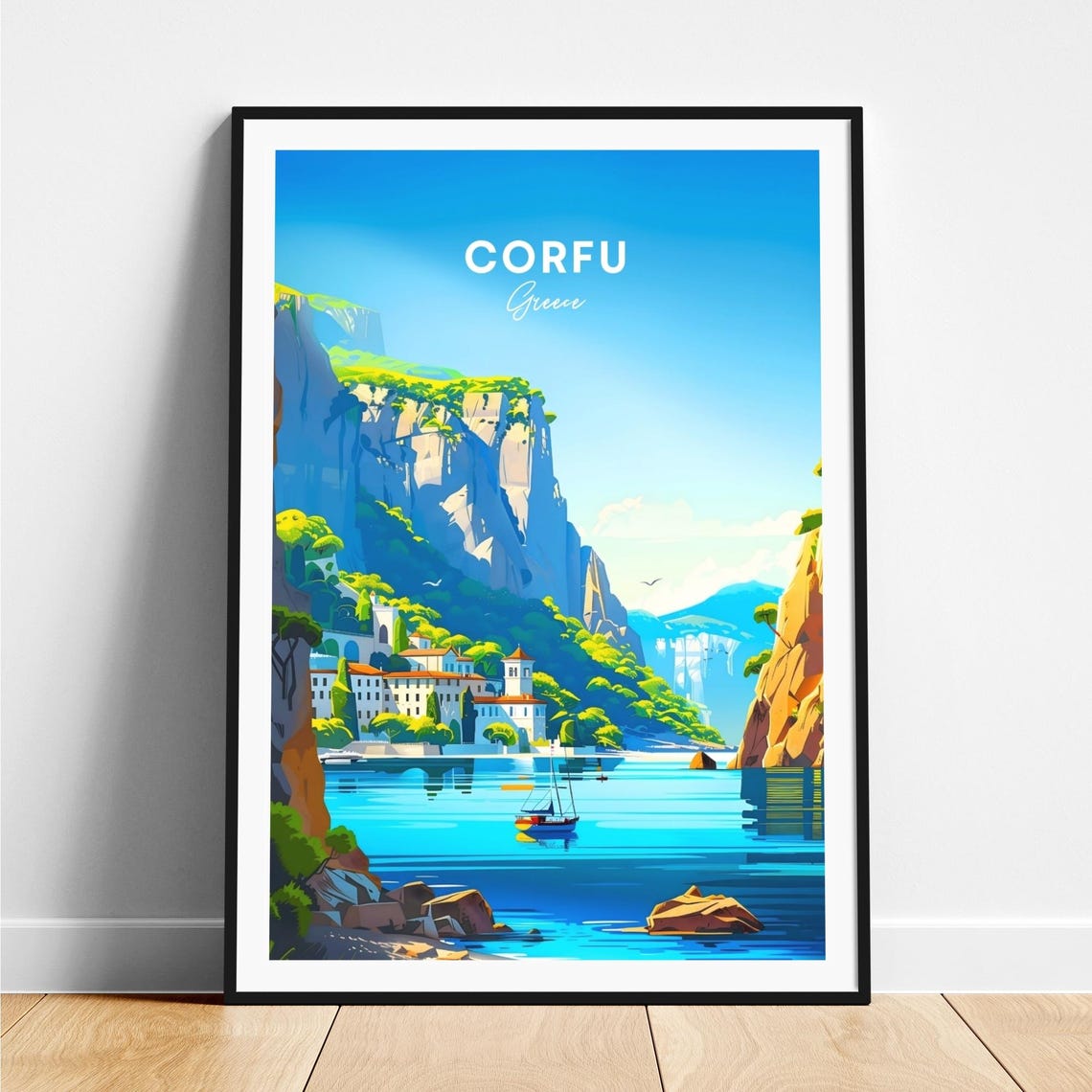 Corfu Greece Cliffside Village Turquoise Bay Sailboat Travel Poster