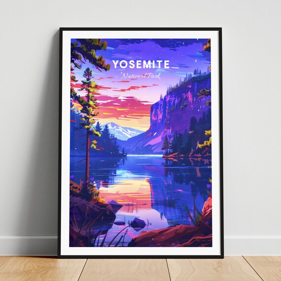Yosemite National Park Twilight Lake Reflection Cliffs Travel Poster