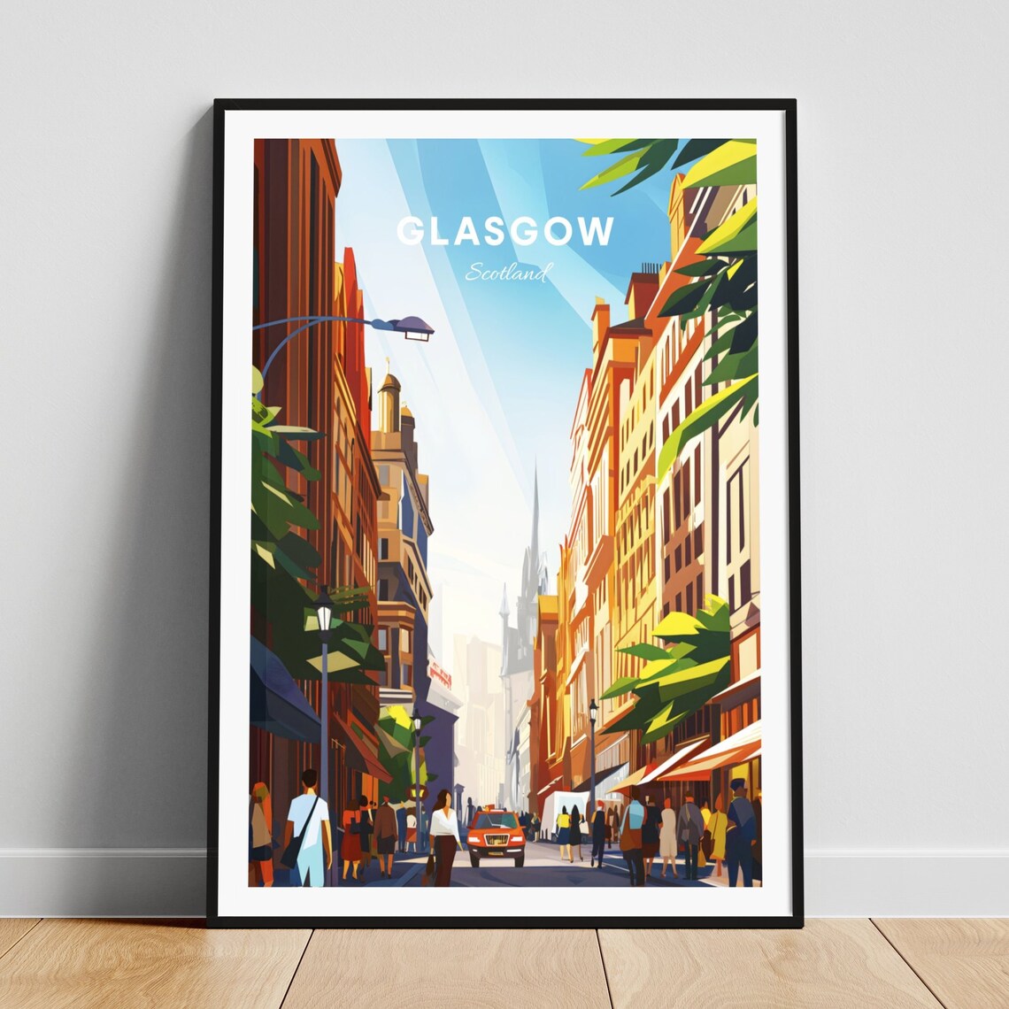 Glasgow Scotland Bustling City Street Sunshine Rays Travel Poster