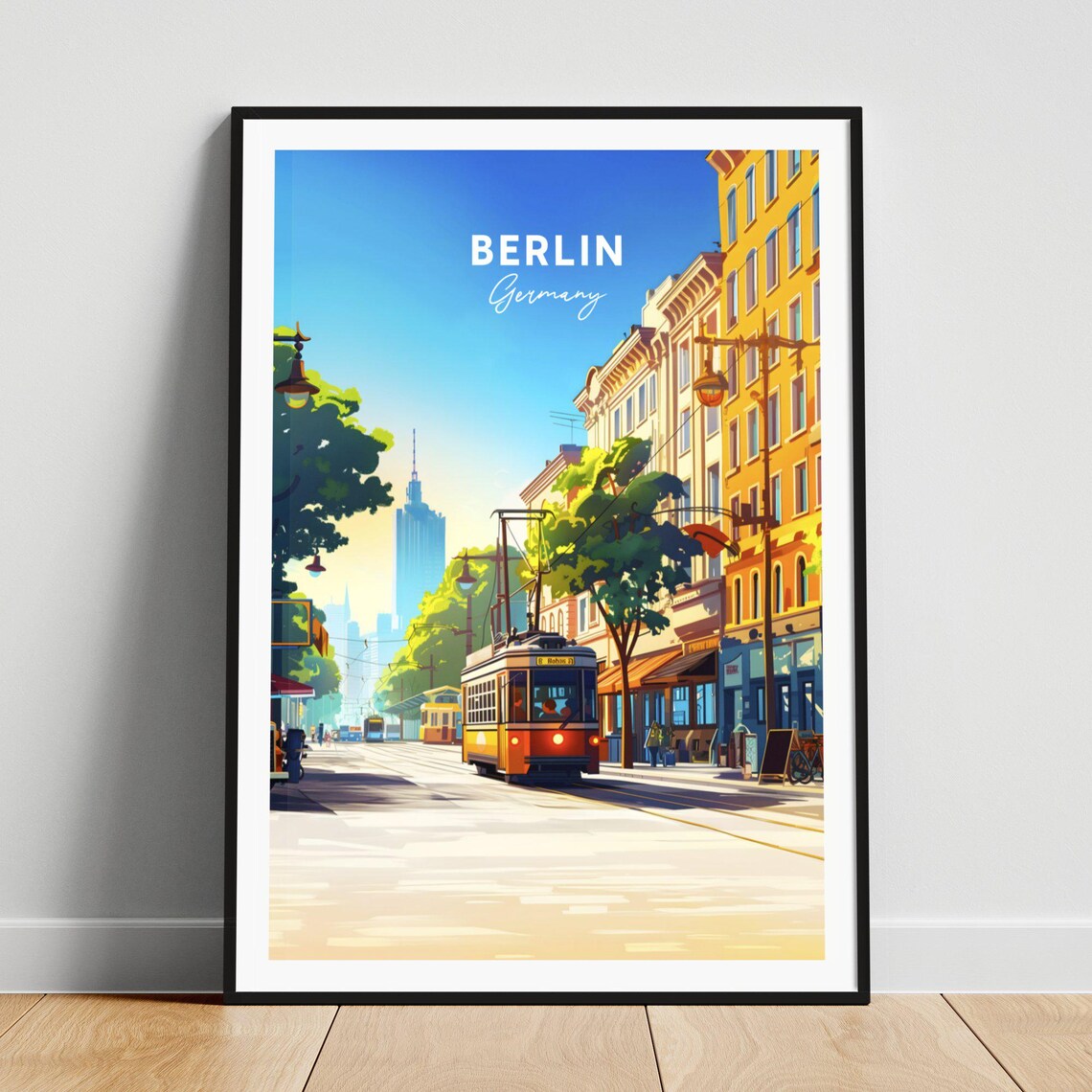 Berlin Germany Vintage Tram Street TV Tower View Travel Poster Art