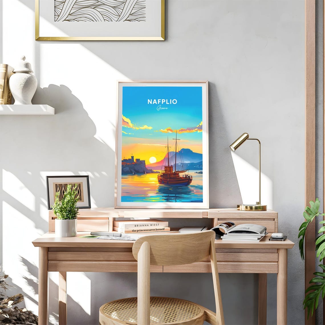 Nafplio Greece Golden Sunset Tall Ship Castle Coast Travel Poster - Image 4